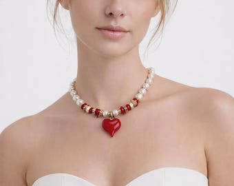 Red Heart-Tipped Pearl Necklace – With Gold Details