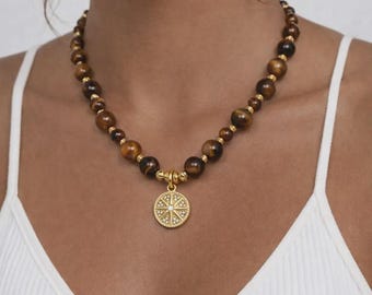 Tiger's Eye Natural Stone Gold Medallion Women's Necklace