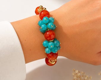 Bracelet en amazonite, quartz et agate en pierres naturelles avec détails en or
