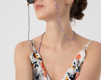 String pour lunettes en pierres naturelles perle et améthyste