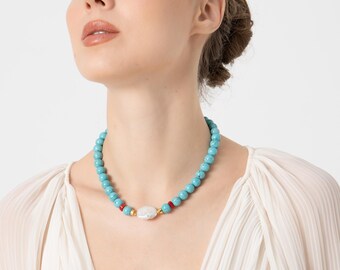 Collier turquoise à pendentif perle