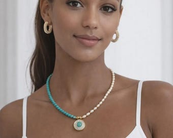 Natural Turquoise Stone Pearl Necklace – Gold Medallion Detail