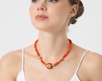 Collier mauvais œil et perles de cristal