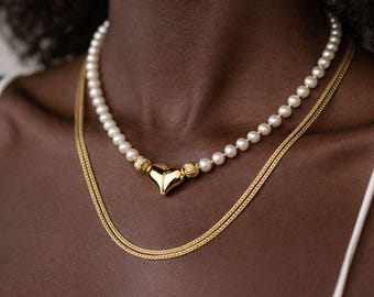 Pearl Heart Chain Necklace Set – Layered Gold Detachable Women's Jewelry