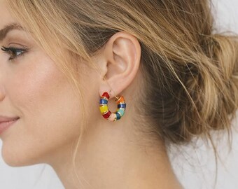 Gold Enamel Hoop Earrings – Colorful Modern Summer Design