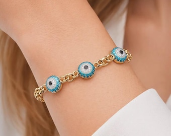 Steel Gold Chain Women's Bracelet with Evil Eye Bead