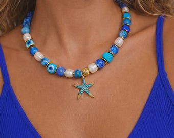 Natural Stone Evil Eye Starfish Pendant Necklace – Gold Detail Women's Summer Jewelry