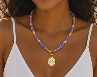 Purple Sand Bead Pearl Detailed Women's Necklace – Gold Color Star Pendant Design Necklace
