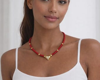 Red Coral Natural Stone Gold Heart Pendant Necklace