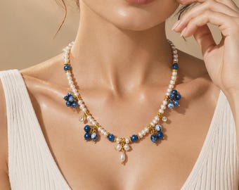 Natural Blue Agate Stone Pearl Necklace – Gold Detailed Dangling Design Women's Necklace