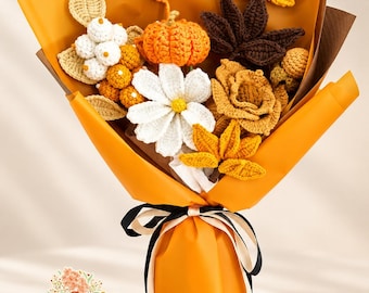 Crochet Flower Bouquet for Thanksgiving, Crochet Bouquet with Pumpkin, Yellow Handmade Crochet Flowers, Thanksgiving Gift, Fall Decor