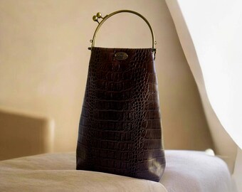 Vintage.  Handmade handbag crafted from high-quality brown faux leather with a deep, embossed crocodile-skin texture.