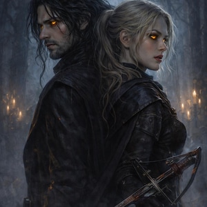 Puede incluir: Ilustración digital de un hombre con cuernos y una mujer de espaldas en un bosque oscuro. Ambos personajes tienen ojos de color naranja brillante y visten ropa oscura. Se ve una ballesta con una cuchilla ensangrentada.
