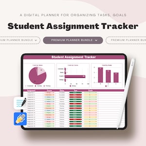 Puede incluir: Un planificador digital para organizar tareas y objetivos, con una interfaz "Student Assignment Tracker" en una tableta. La pantalla muestra gráficos y detalles de las tareas. Un lápiz óptico blanco descansa sobre la tableta. El texto "Student Assignment Tracker" se muestra en la parte superior.
