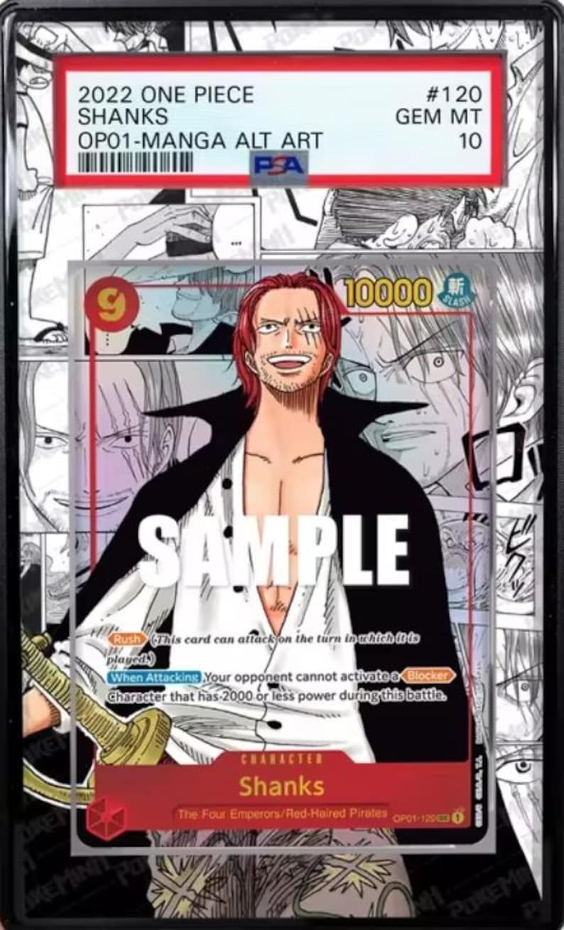 May include: A graded trading card featuring Shanks from the 2022 One Piece manga series. The card has a red and white design with the word "SAMPLE" across the front. The card is encased in a protective holder.
