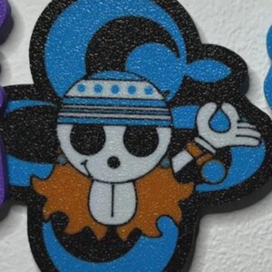 May include: A black, blue, and orange cartoon character pendant. The pendant features a skull with a blue and white striped hat, an orange collar, and a white glove holding a wrench. The background is blue and black.