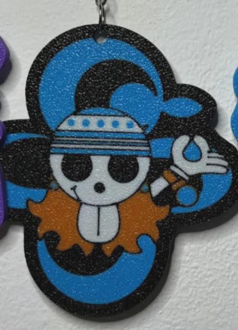 May include: A black, blue, and orange cartoon character pendant. The pendant features a skull with a blue and white striped hat, an orange collar, and a white glove holding a wrench. The background is blue and black.
