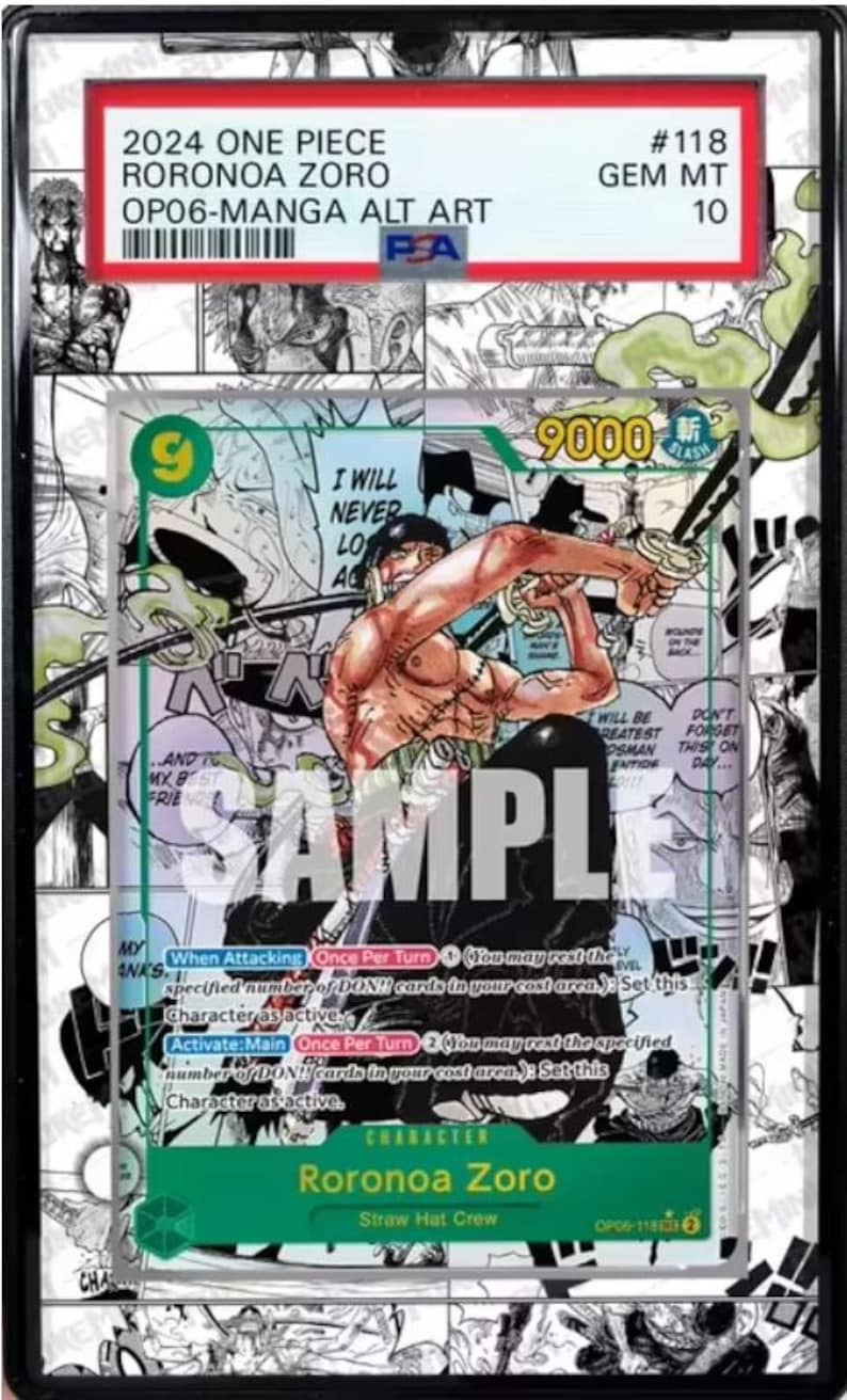May include: A graded trading card featuring Roronoa Zoro from the 2024 One Piece OP06-Manga Alt Art set. The card displays a vibrant illustration of Zoro in action, with a background of manga panels. The card is graded GEM MT 10.