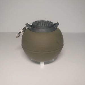 May include: A spherical, olive-drab object with a textured, gray top and a silver ring. The object has a cylindrical shape and is resting on a white stand. The top has a grid-like pattern.