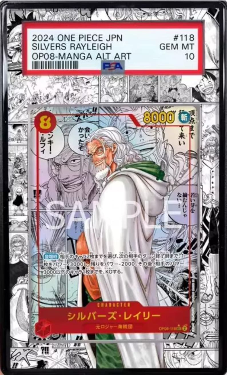May include: A graded trading card featuring Silvers Rayleigh from the 2024 One Piece JPN OP08-Manga Alt Art set. The card has a GEM MT 10 grade and displays a detailed illustration of the character. The card is encased in a protective holder.