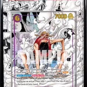 May include: A graded trading card featuring Monkey D. Luffy from One Piece. The card has a vibrant illustration of the character in action, with a red and white color scheme. The card is graded GEM MT 10.