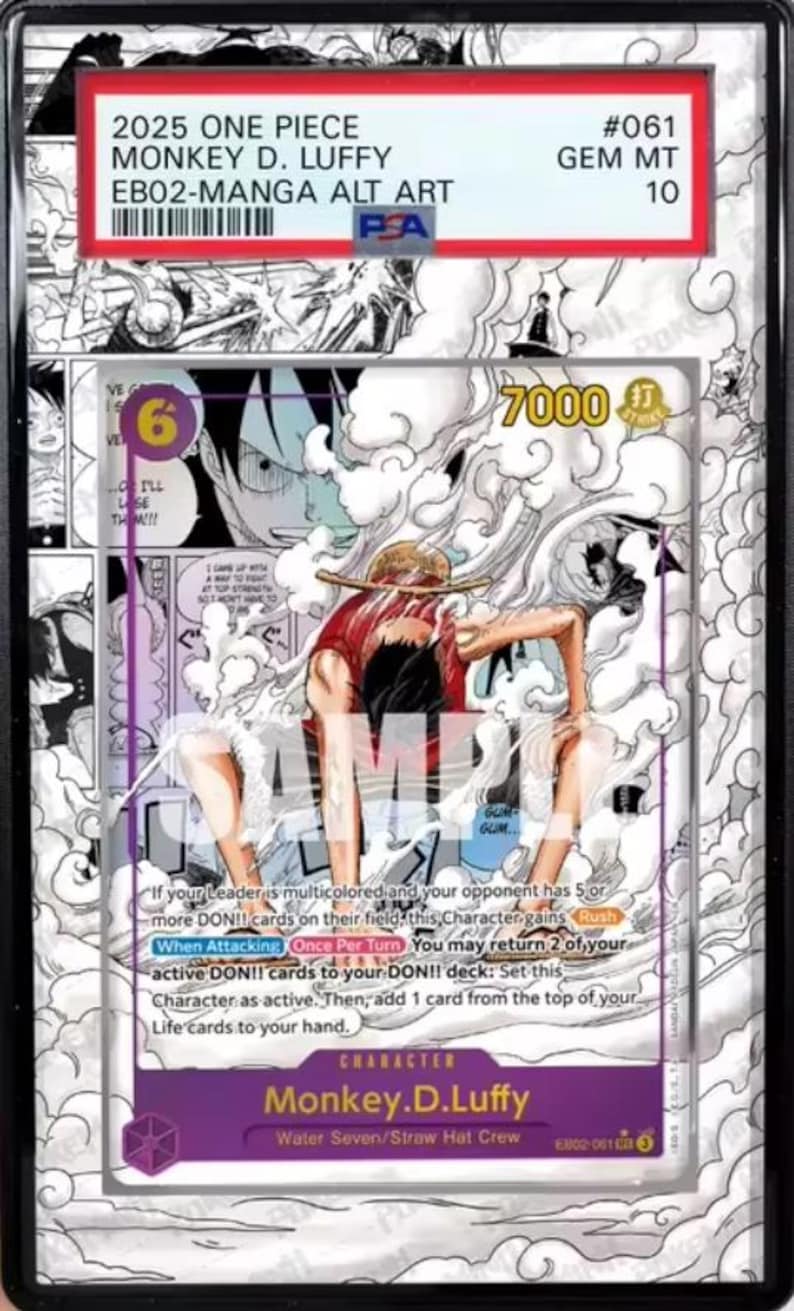 May include: A graded trading card featuring Monkey D. Luffy from One Piece. The card has a vibrant illustration of the character in action, with a red and white color scheme. The card is graded GEM MT 10.
