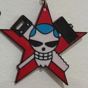 May include: A red star-shaped keychain featuring a skull with sunglasses, blue hair, and a white beard. The keychain has a black saw and hammer on either side of the skull. The design is outlined in black.