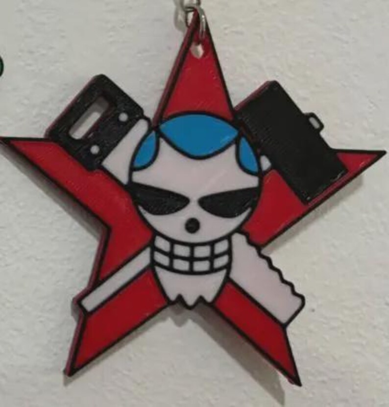 May include: A red star-shaped keychain featuring a skull with sunglasses, blue hair, and a white beard. The keychain has a black saw and hammer on either side of the skull. The design is outlined in black.