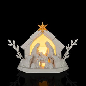 Nativity Scene Table Lamp | White Manger Scene with Gold Star | 3D Printed Christmas Mantel Decor