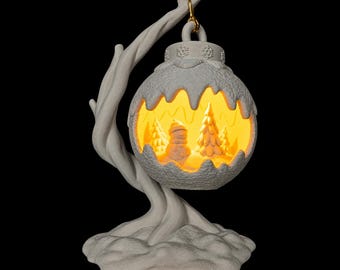Snowy Branch Table Lamp | Glowing Christmas Bauble with Winter Scene | 3D Printed Festive Mantel Decor