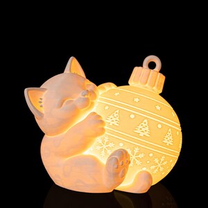 Kitten Ornament Table Lamp | Sleepy Cat Hugging Christmas Bauble Lamp | Festive 3D Printed Cat Lover Gift