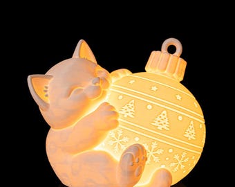 Kitten Ornament Table Lamp | Sleepy Cat Hugging Christmas Bauble Lamp | Festive 3D Printed Cat Lover Gift