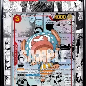 May include: A graded trading card featuring Tony Tony. Chopper from One Piece. The card has a red and white border with the text "2024 ONE PIECE TONY TONY.CHOPPER EB01-MANGA ALT ART". The card's illustration shows a cartoon character.