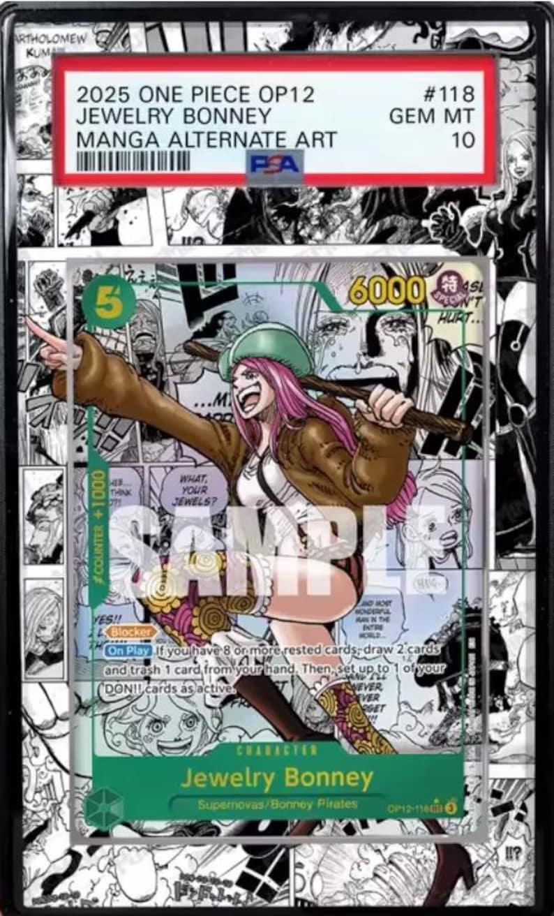 May include: A graded trading card featuring Jewelry Bonney from One Piece OP12. The card showcases manga alternate art with a vibrant illustration of the character. The card is graded GEM MT 10.