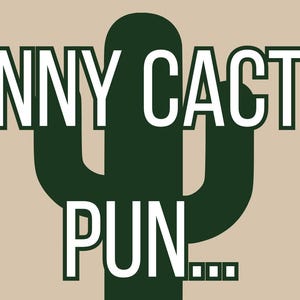 May include: A tan background with a dark green cactus graphic and the words "FUNNY CACTUS PUN...." in white block letters. The cactus graphic is centered and the text is above and below it.