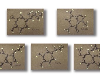 Molecules of Mood - Original Chemistry Art (5 Drawings, A5) - Hand Drawn Molecular Structures in Ink & Gold - Science Wall Art