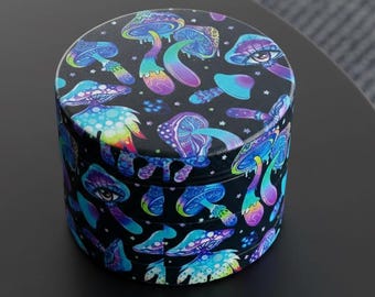 Molinillo de hierbas de metal con forma de hongo psicodélico - Triturador de especias de 4 piezas - Molino de aleación de zinc de 50 mm - Herramienta de cocina de estilo retro - 2 pulgadas