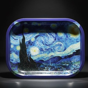 May include: A rectangular tray with rounded corners, featuring a vibrant print of Van Gogh's "Starry Night" painting. The tray has a dark blue border and a glossy finish, perfect for decorative or functional use.