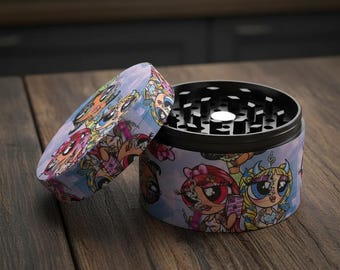 50mm Edgy Cartoon Girls Herb Grinder, Cute 4 Piece Metal Spice Crusher, 2 Inch Zinc Alloy Mill, Colorful Retro Style Kitchen Gift