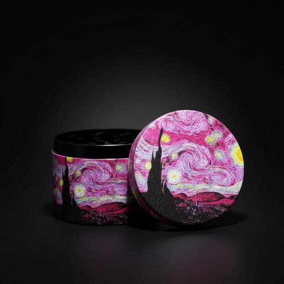 2-Inch Pink Starry Night Art Herb Grinder, 50mm Metal Spice Crusher, Van Gogh Inspired Kitchen Accessory, Cute Grinder for Her