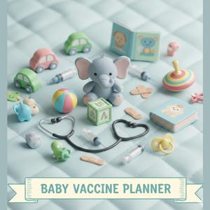 Peut inclure: Une collection de jouets pour bébés et de fournitures médicales, dont des voitures miniatures, un stéthoscope, des seringues et un éléphant en peluche. L'image présente également une toupie colorée, un cube pour bébé et un livre. Le texte "BABY VACCINE PLANNER" est affiché sur une bannière.