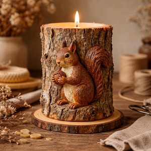 May include: A lit candle in a rustic, tree-trunk-shaped holder. A detailed, brown squirrel figurine clutching an acorn is affixed to the front. The candle sits on a wooden base, creating a warm, inviting ambiance. The candle is a decorative home accent.
