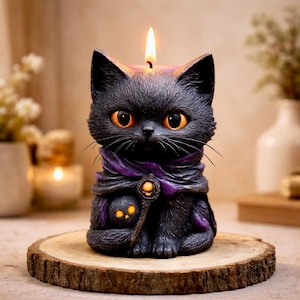 Peut inclure: Une bougie noire en forme de chat avec des yeux orange et une écharpe violette, posée sur une tranche de bois. La bougie a une mèche allumée et un thème d'Halloween. Le chat tient un bâton avec un orbe brillant.