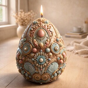 Peut inclure: Une bougie en forme d'œuf ornée de motifs floraux et géométriques aux couleurs pastel. La bougie, avec une mèche allumée, présente des détails bleus clairs, roses et dorés. Elle est posée sur une surface en bois.