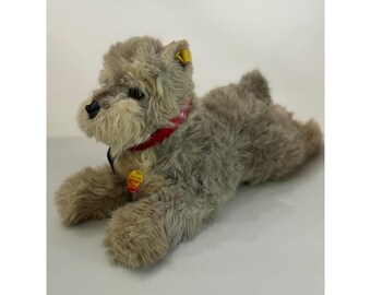 Steiff Junior Tessie Schnauzer Dog Plush Vintage Lying Grey 3612/32 Germany