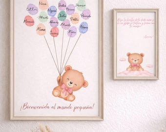 Guest book with fingerprints and balloons for a baby shower for a baby girl