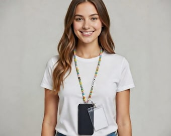 Personalized Name Phone Necklace - Candy Style Colorful Beads, Phone and Card Holder, Unique Handmade Gift for Teachers