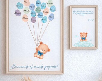 Guest book with fingerprints and balloons for a baby shower for a baby boy