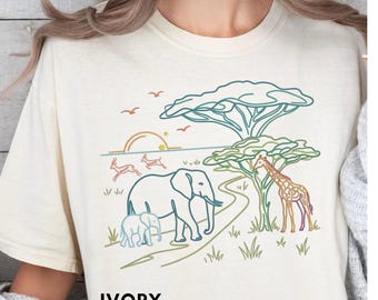 African Safari T-Shirt, Wild Elephant and Giraffe Shirt, Minimalist Savanna Nature Tee, Adventure Travel Gift, Aesthetic Wildlife Apparel