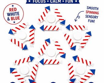 May include: Patriotic sensory fidget toys in red, white, and blue. The image features several triangular spinners with a central white circle and red and white striped arms with blue tips. Text includes "Focus, Calm, Fun" and "Sensory Stimulation."